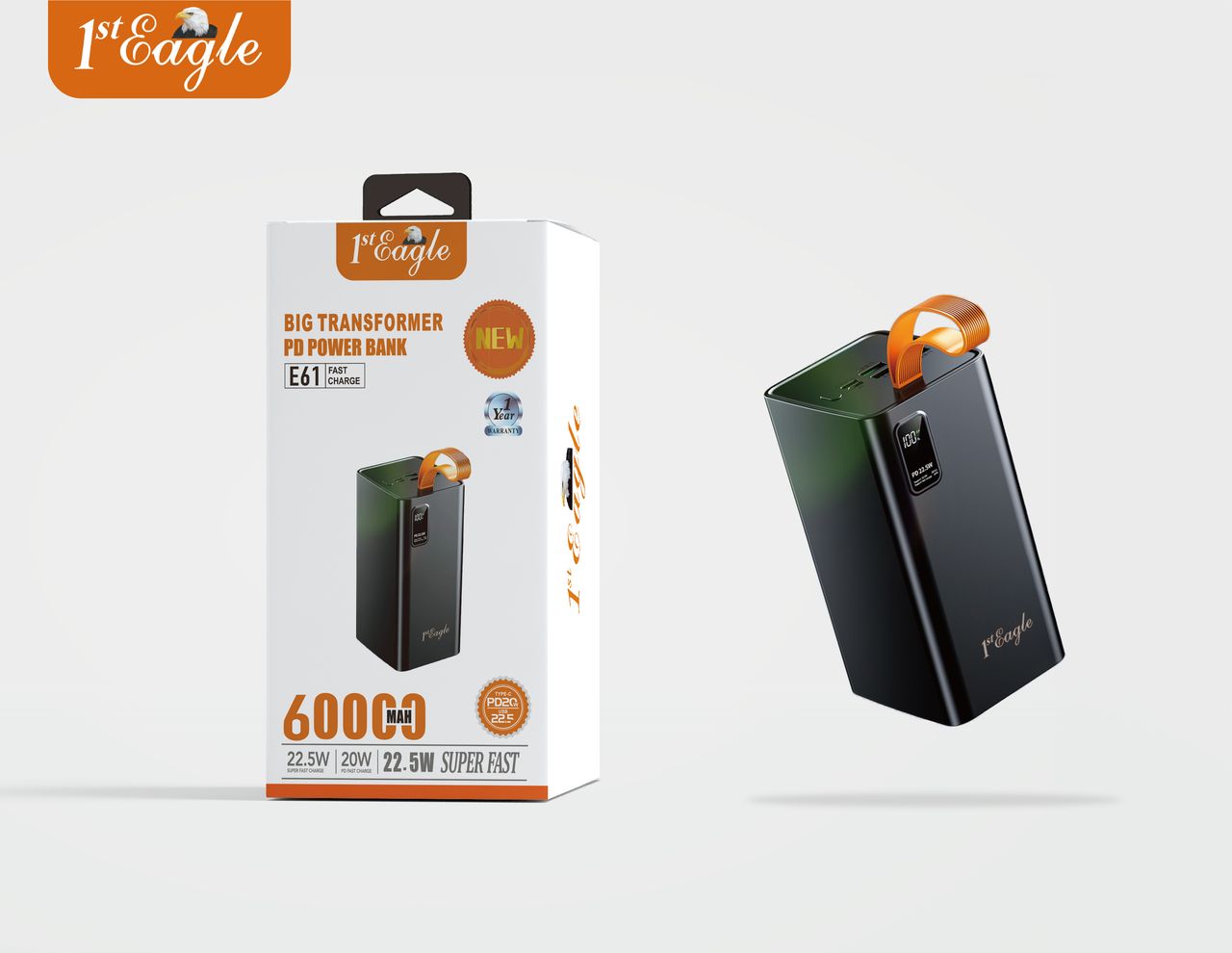 E61 60,000mAh Power Bank – PD fast charging and a high-speed Type-C output port for ultra-efficient power delivery.